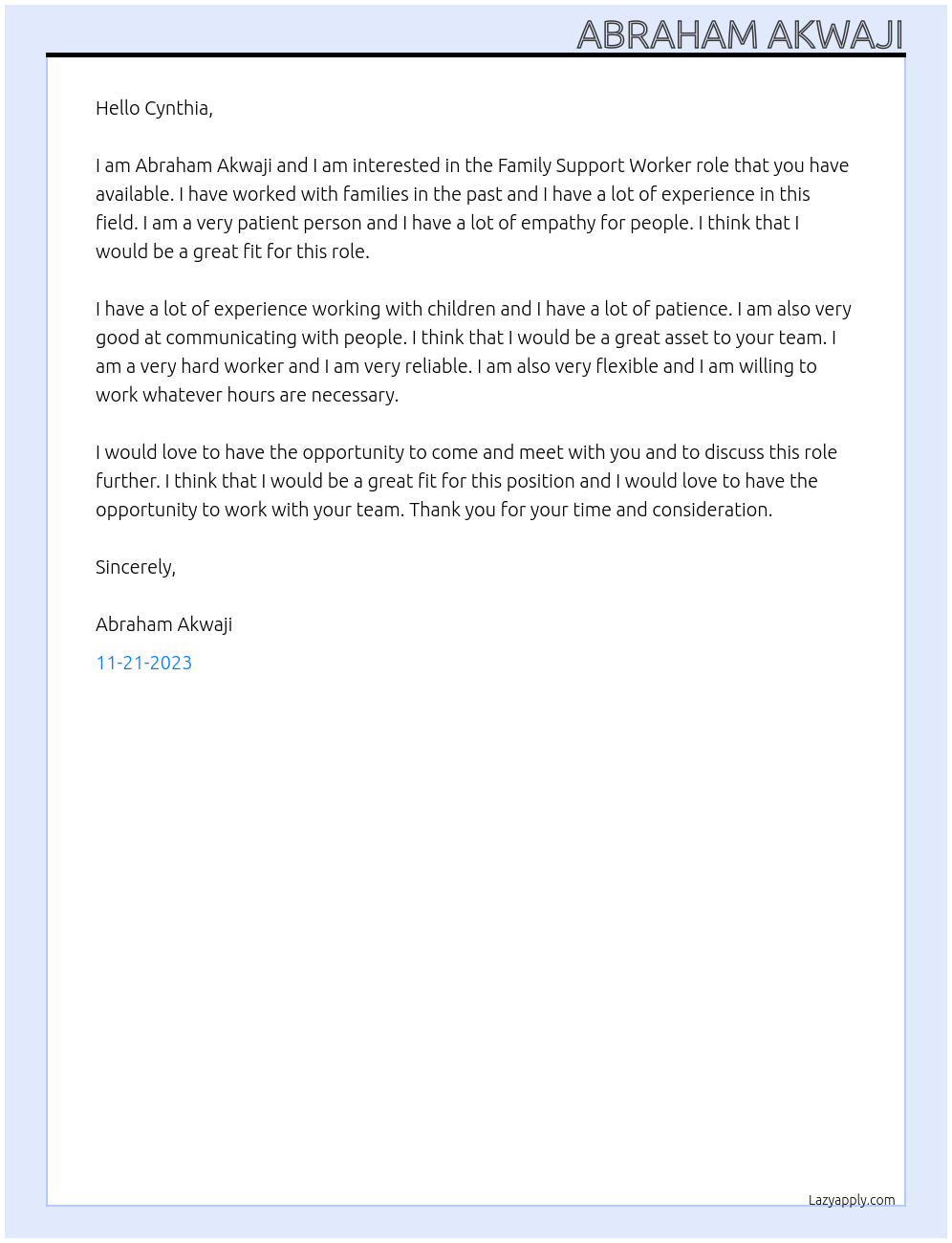  Family Support Worker’ At The Family Link Plus Cover Letter