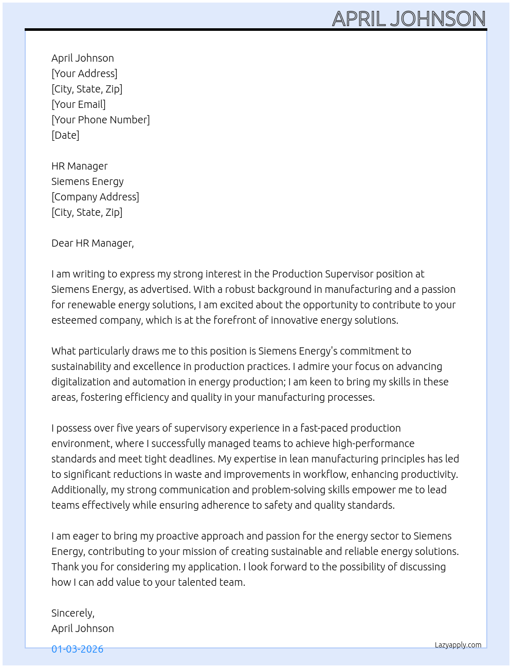 Cover letter for production supervisor - LazyApply