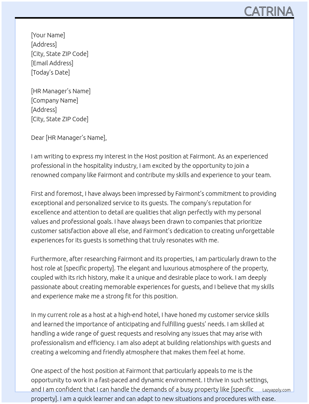 Host At Fairmont Cover Letter