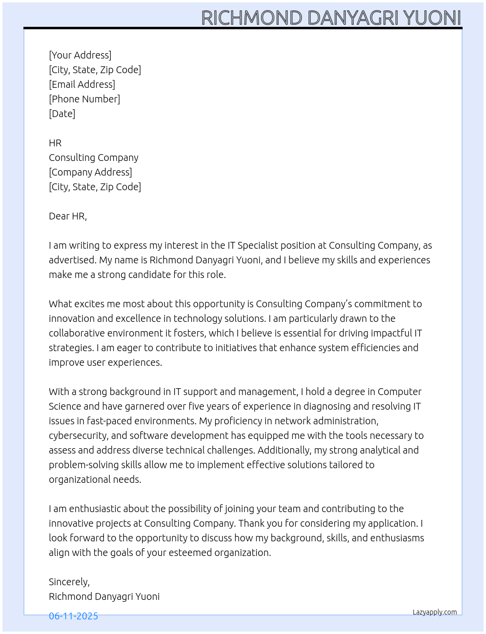 IT Specialist At Consulting Company Cover Letter