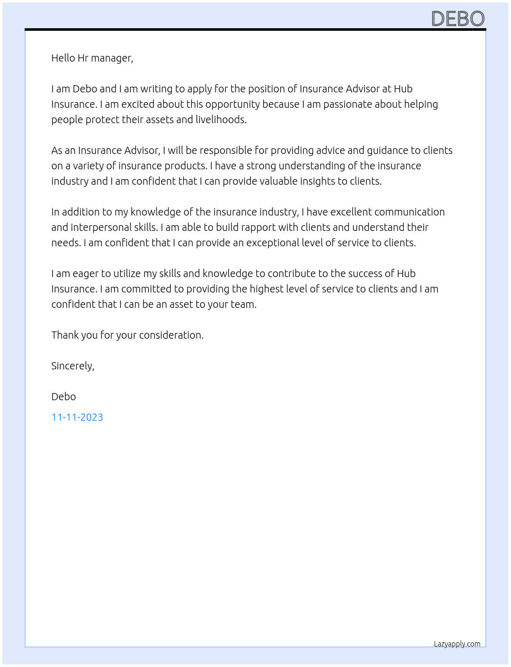 Insurance Advisor At Hub Insurance Cover Letter