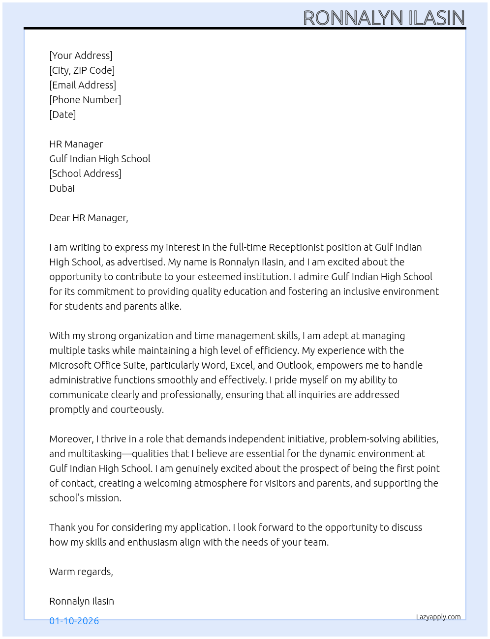 Receptionist  At Gulf Indian High School Cover Letter