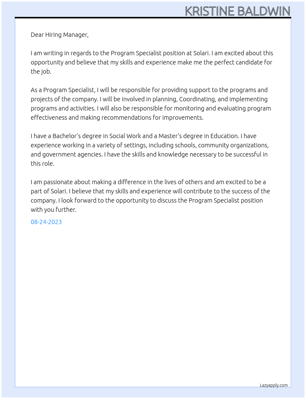 Program Specialist At Solari Cover Letter