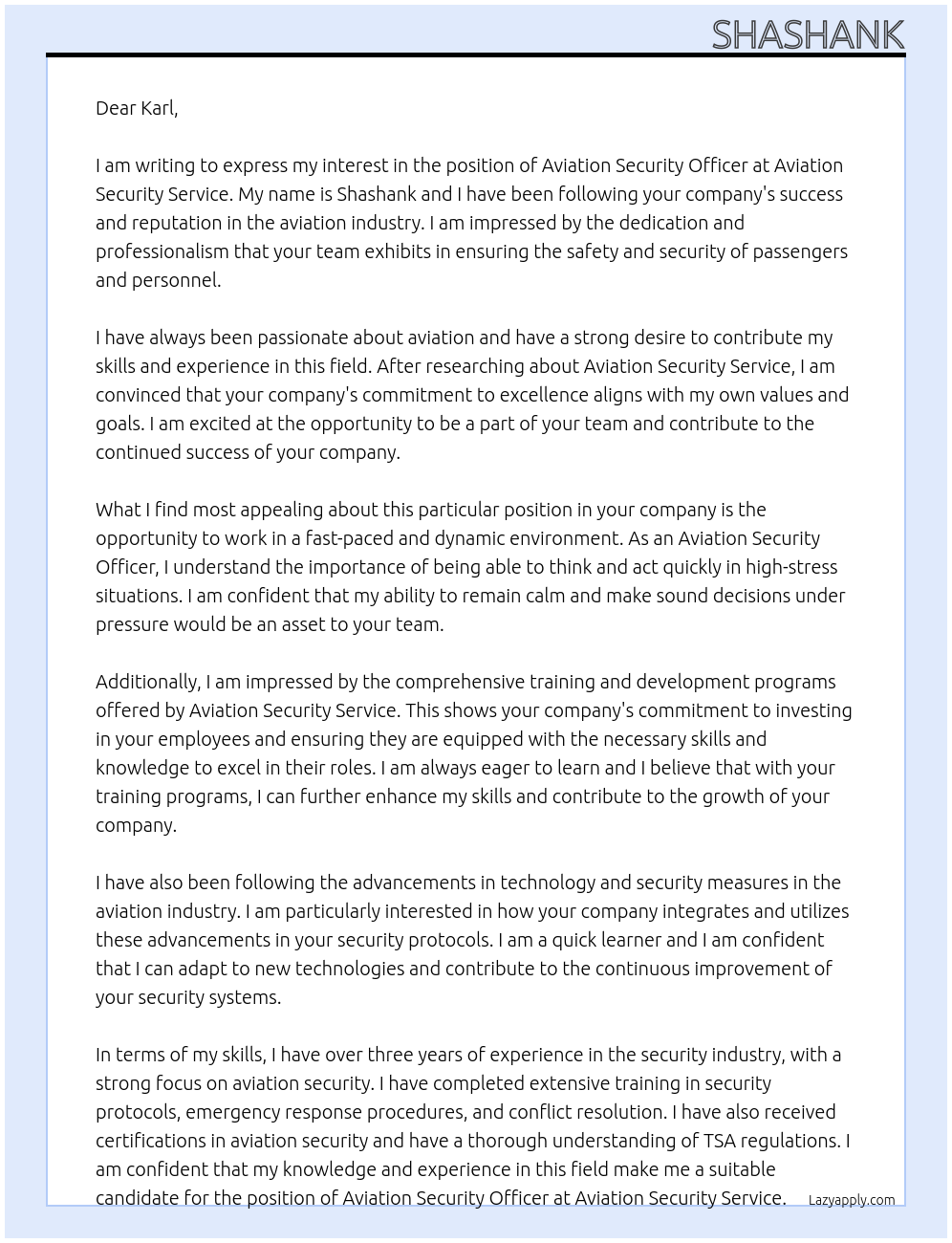 aviation security officer At Aviation Security Service Cover Letter