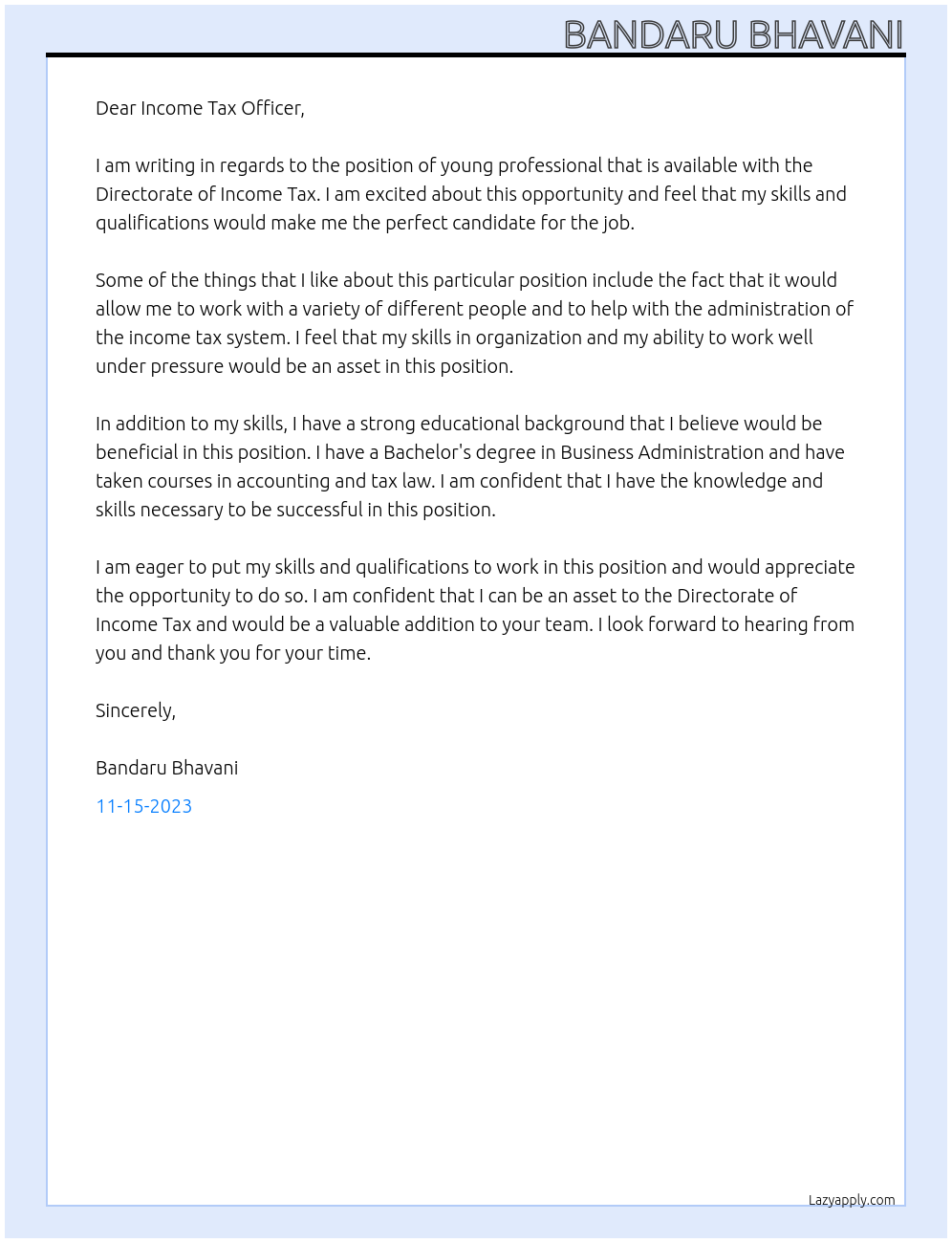 Young professional At Directorate of Income tax Cover Letter