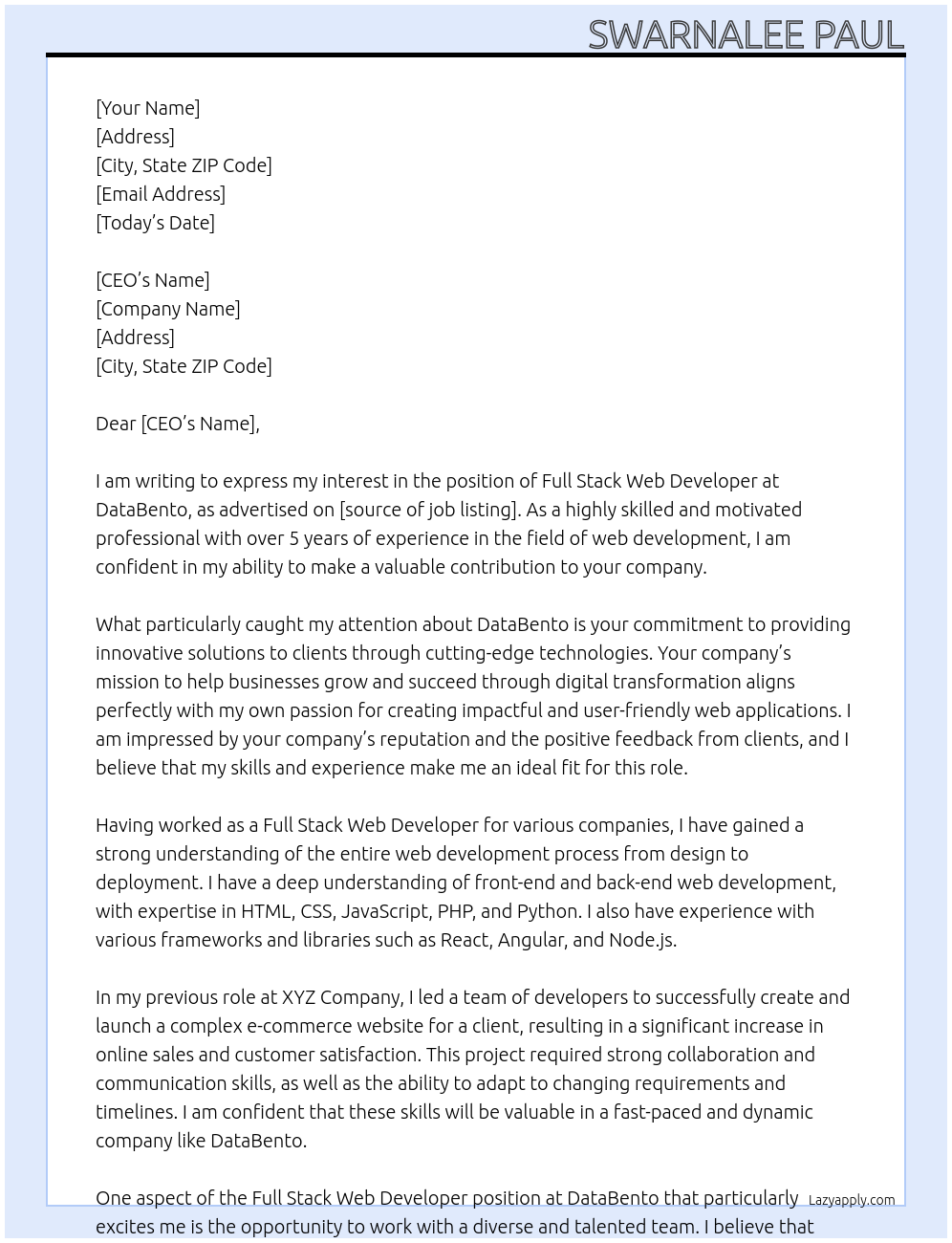 Full Stack Web Developer At DataBento Cover Letter