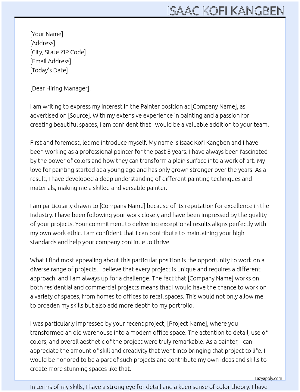 PAINTER At DE SIMONE Cover Letter