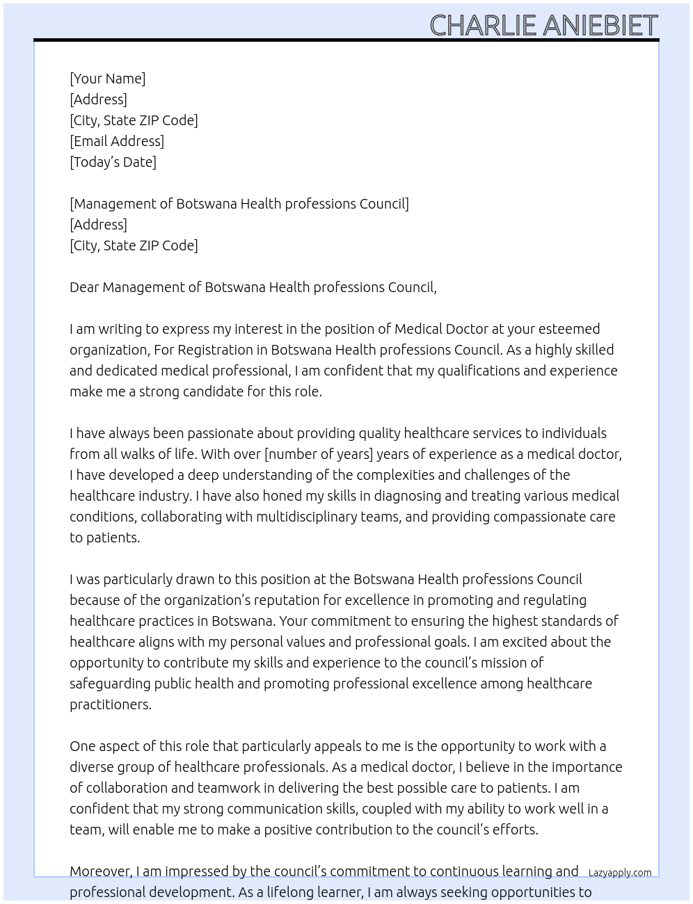 Medical doctor At For Registration in Botswana Health professions Council Cover Letter
