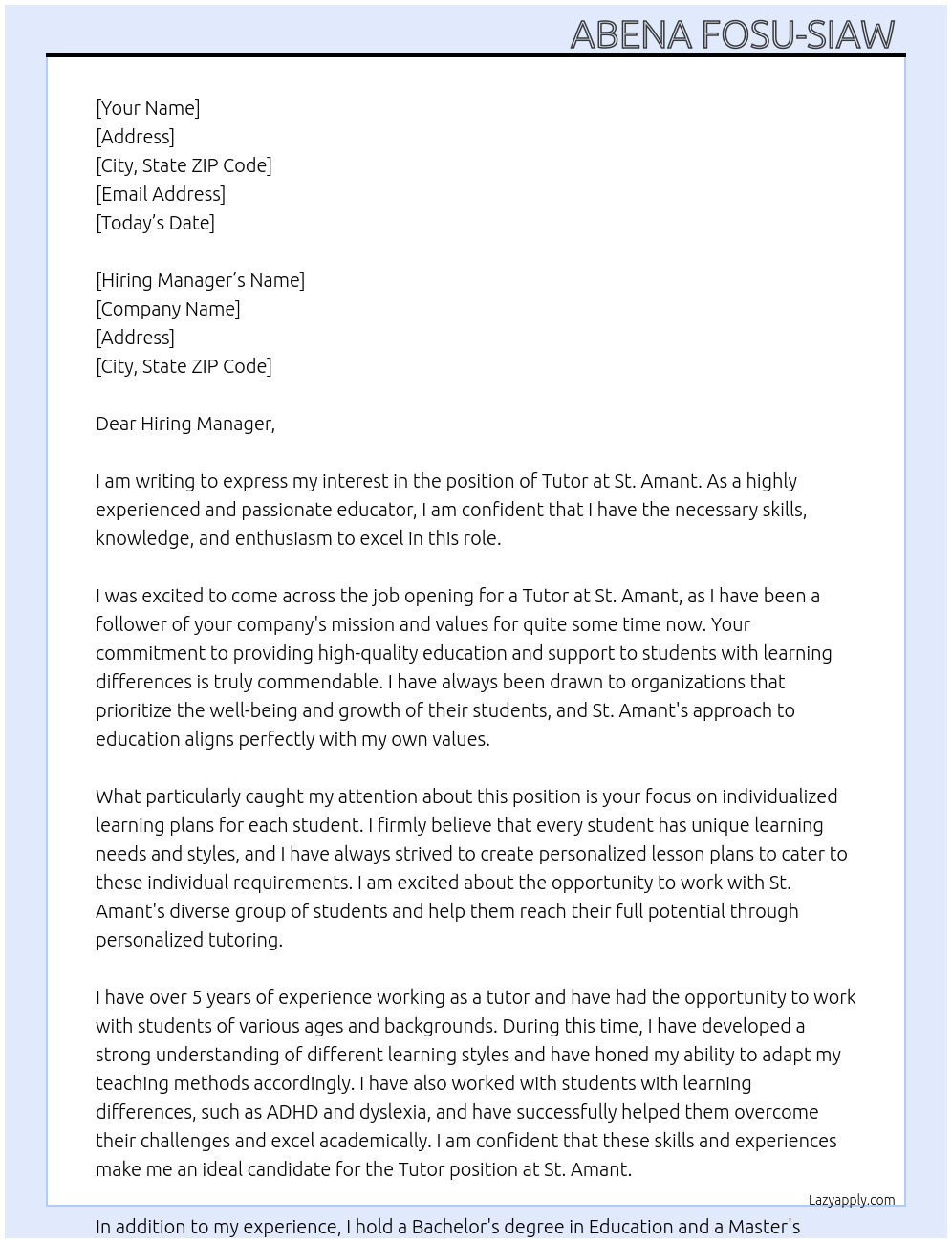 Tutor At St. Amant Cover Letter
