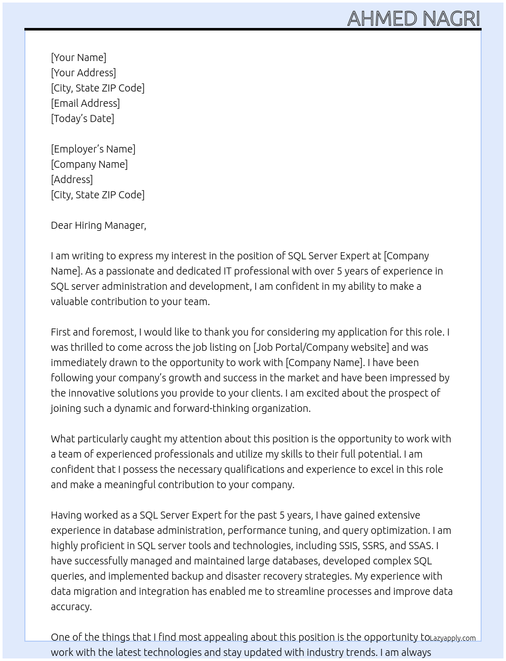 Cover letter for sql server expert - LazyApply