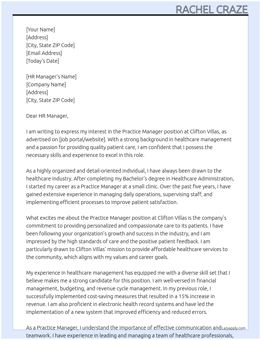 Practice Manager At Clifton Villas Cover Letter
