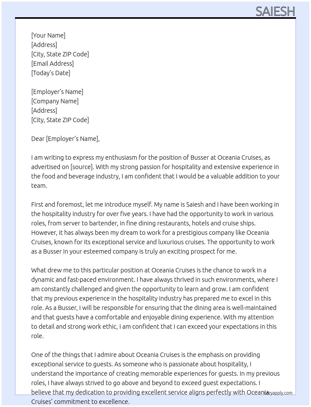 BUSSER At OCEANIA CRUISES Cover Letter