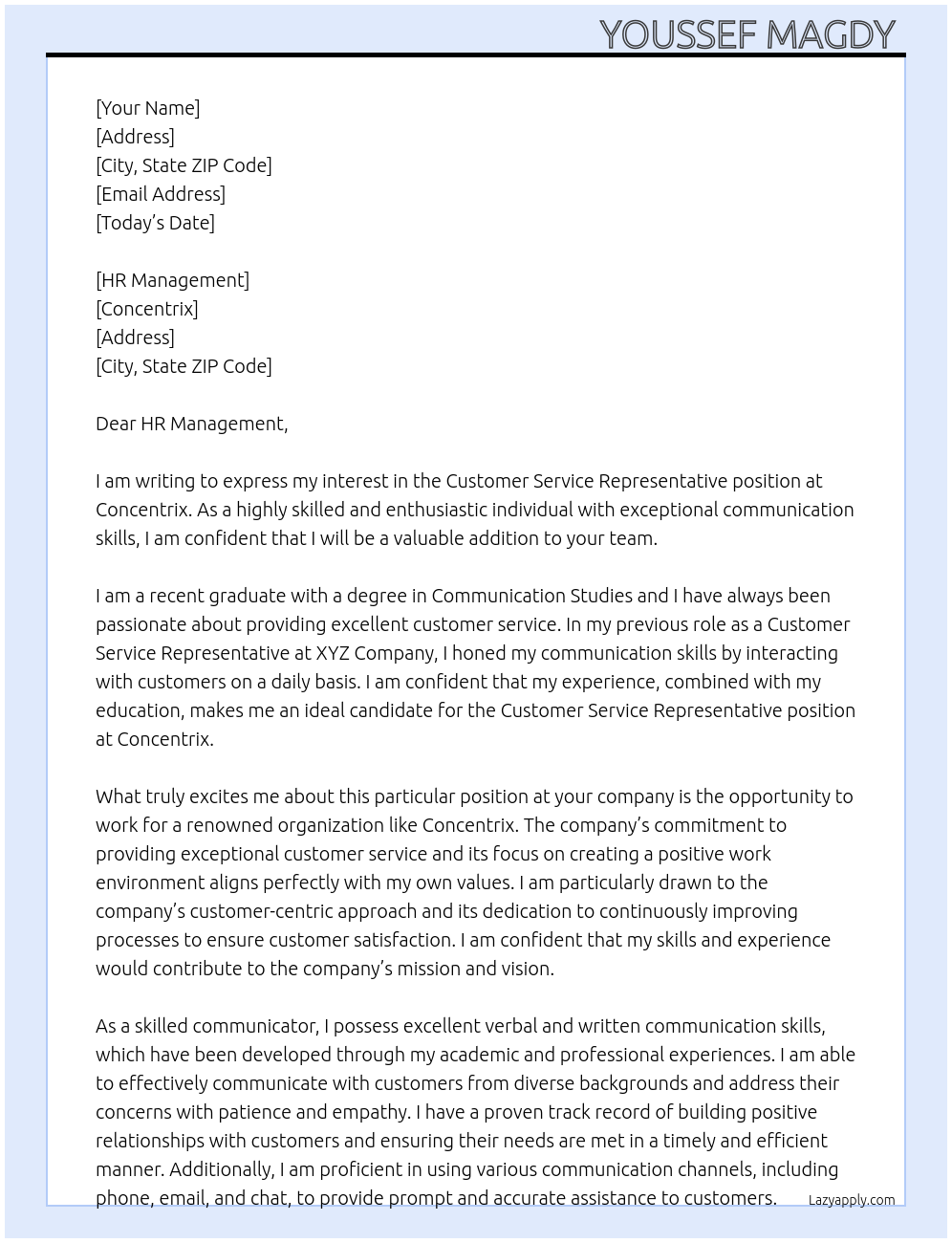 customer service representive At concentrix Cover Letter