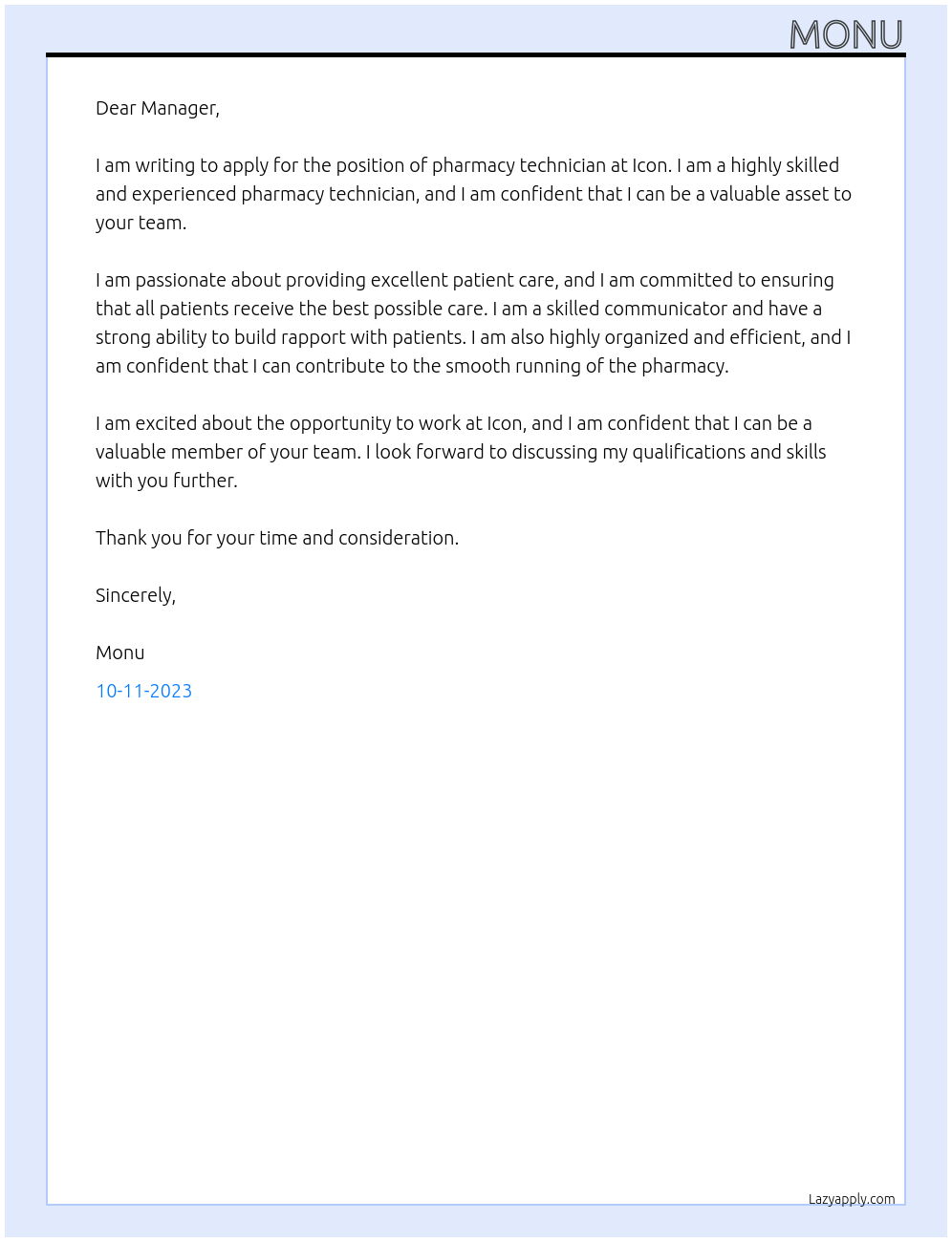 pharmacy technician At icon Cover Letter