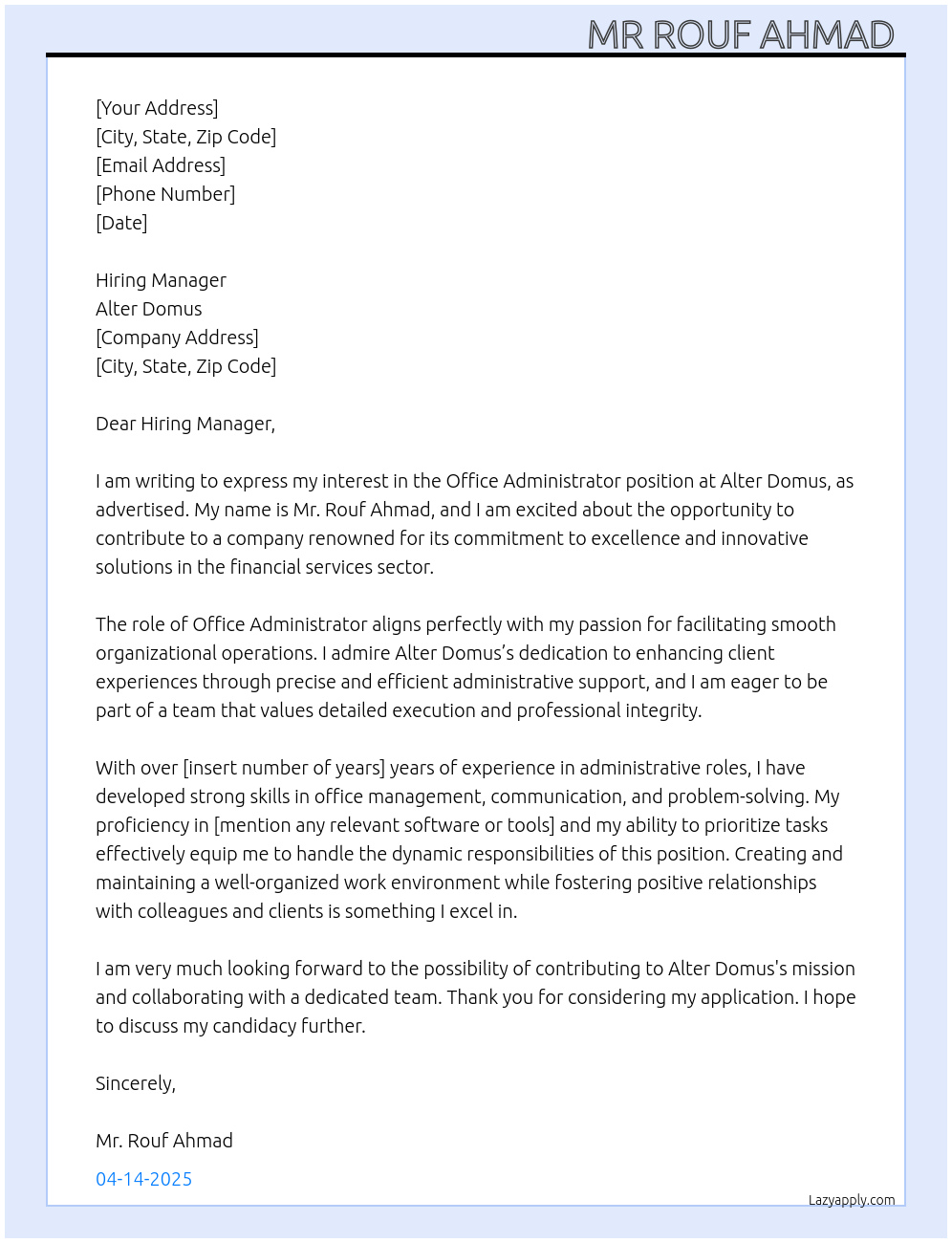 Office Administrator At Alter Domus Cover Letter