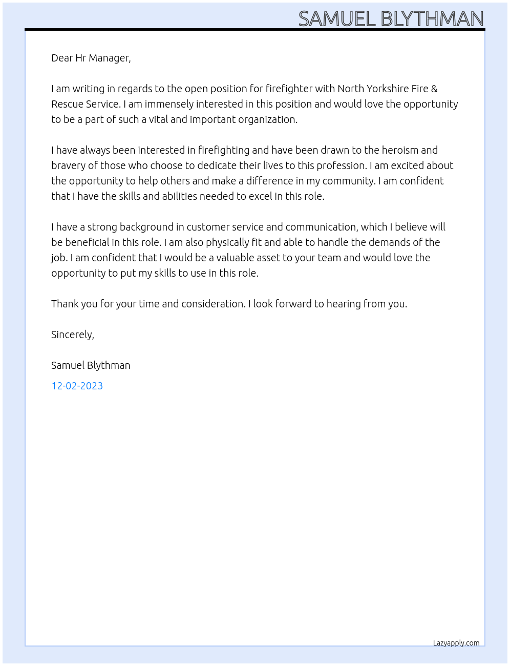 Firefighter At North Yorkshire Fire & Rescue Service Cover Letter