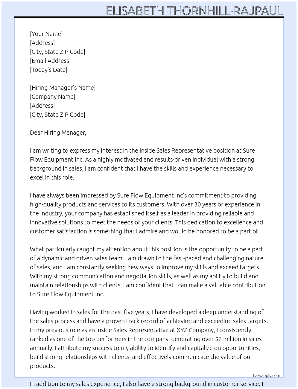 Inside Sales Representative At Sure Flow Equipment Inc Cover Letter