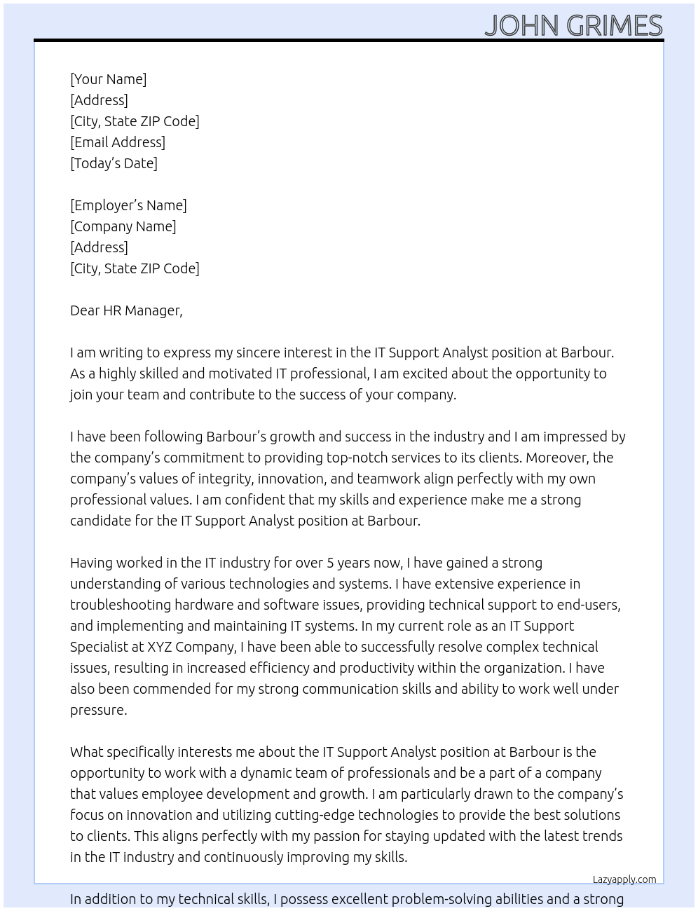 IT Support Analyst At Barbour Cover Letter