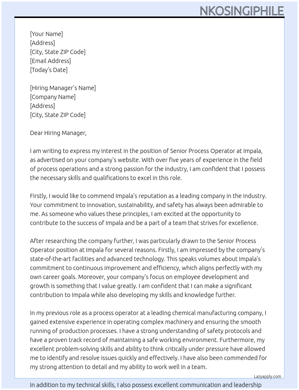 Senior process operator At Impala Cover Letter