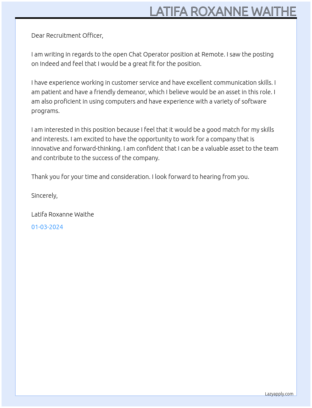 Chat Operator At Remote Cover Letter