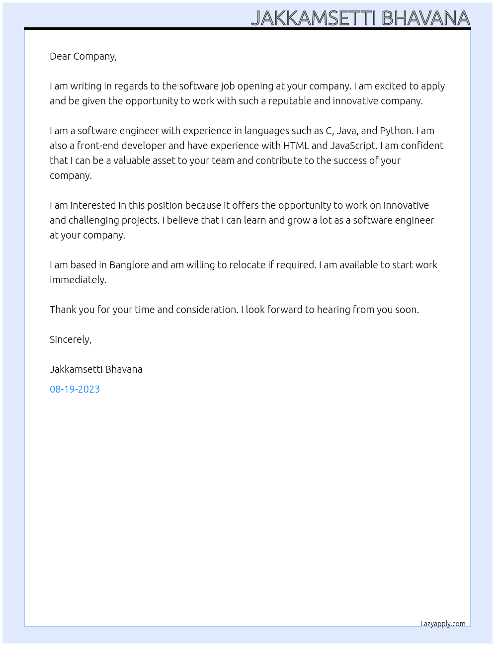 software job At Stripe Cover Letter