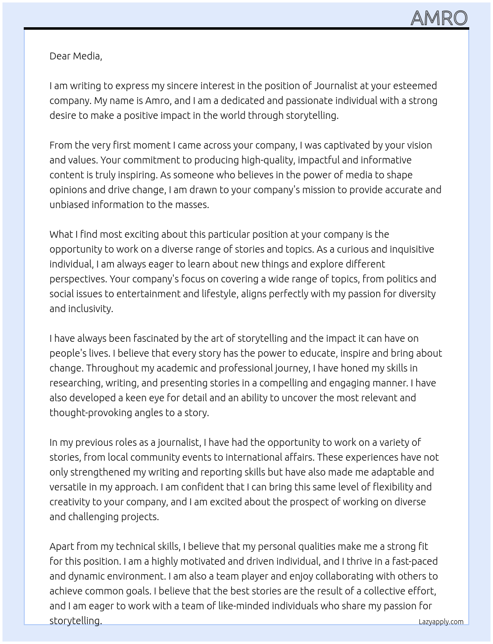 Journalist At Media Cover Letter