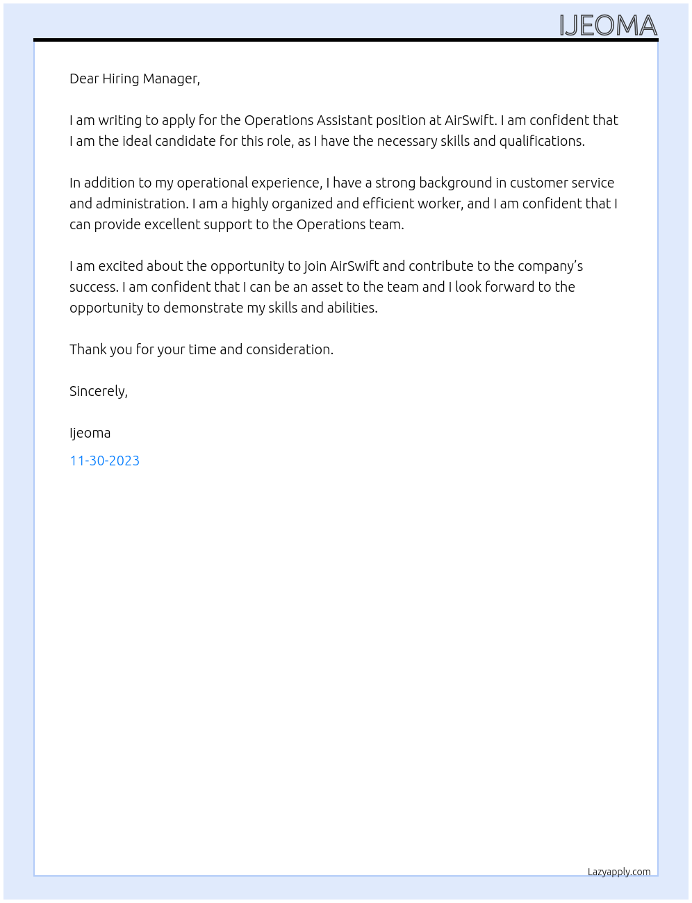 Operation Assistant At AirSwift Cover Letter