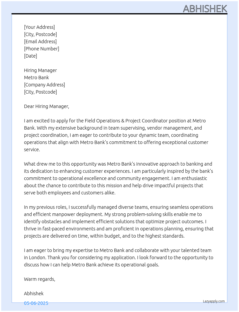 Cover letter for field operations & project coordinator - LazyApply