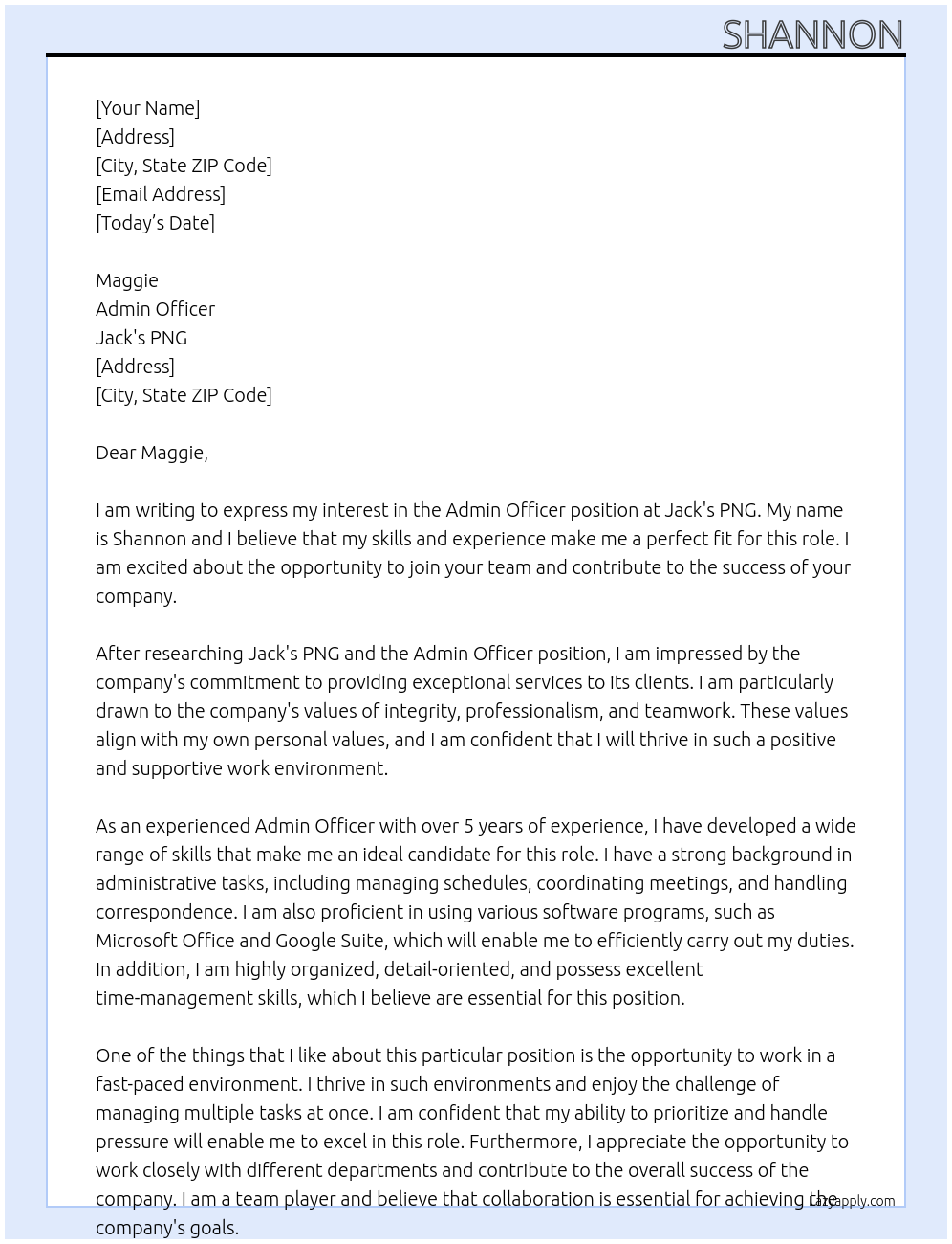 Admin officer At Jack's PNG Cover Letter