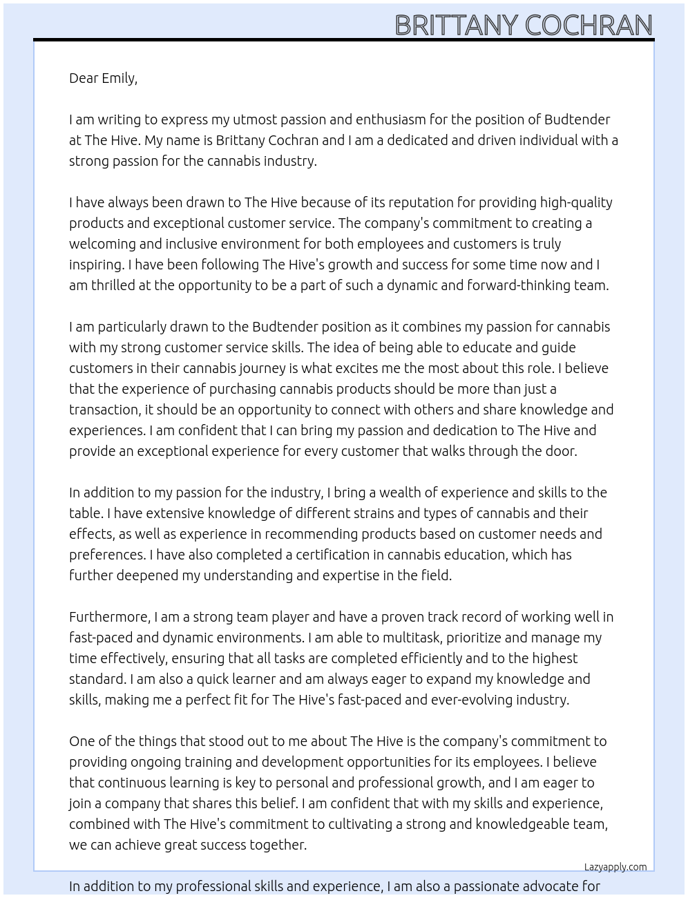 Budtender At The Hive Cover Letter
