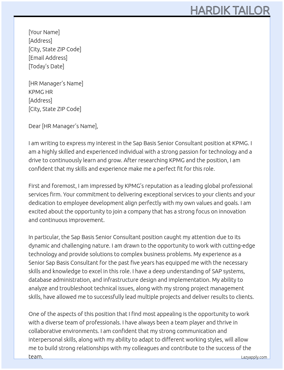 Sap basis senior consultant  At KPMG Cover Letter