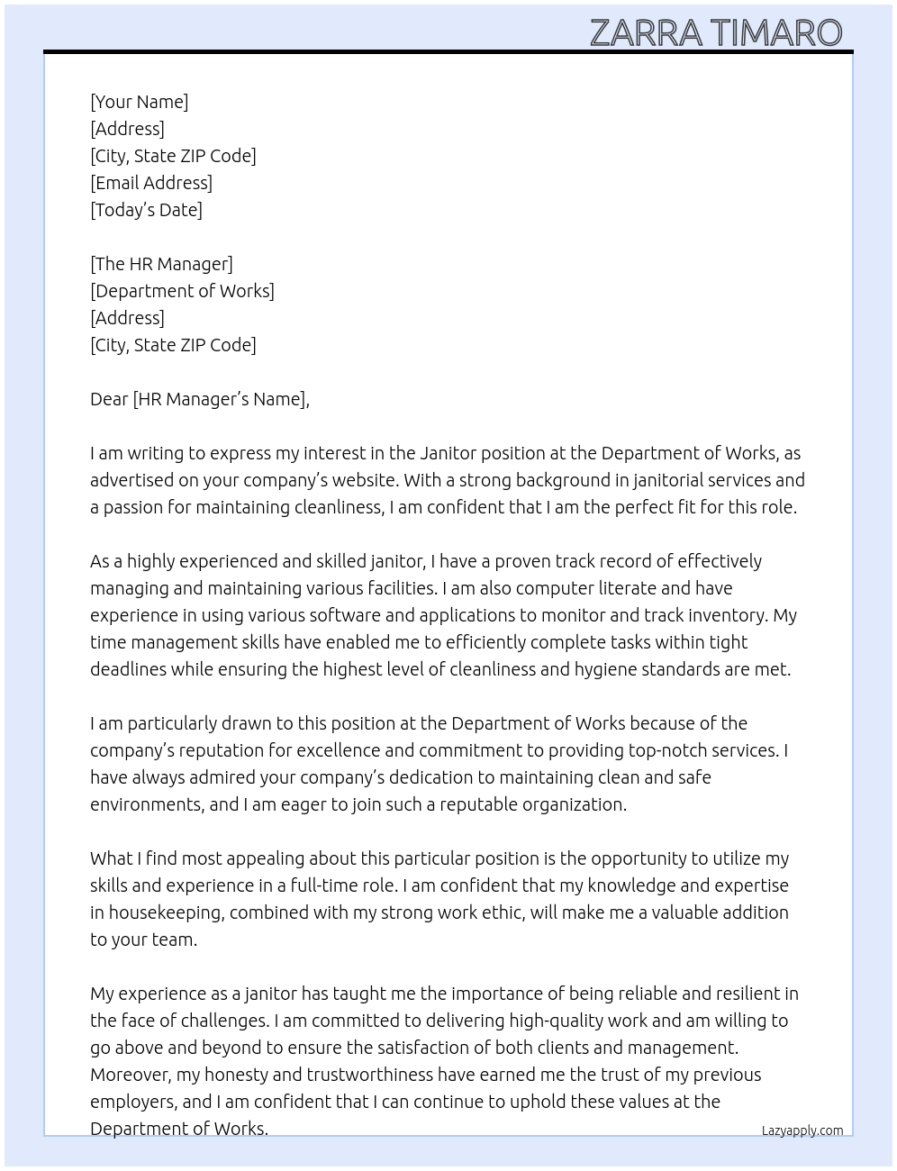 Janitor At Department of Works Cover Letter