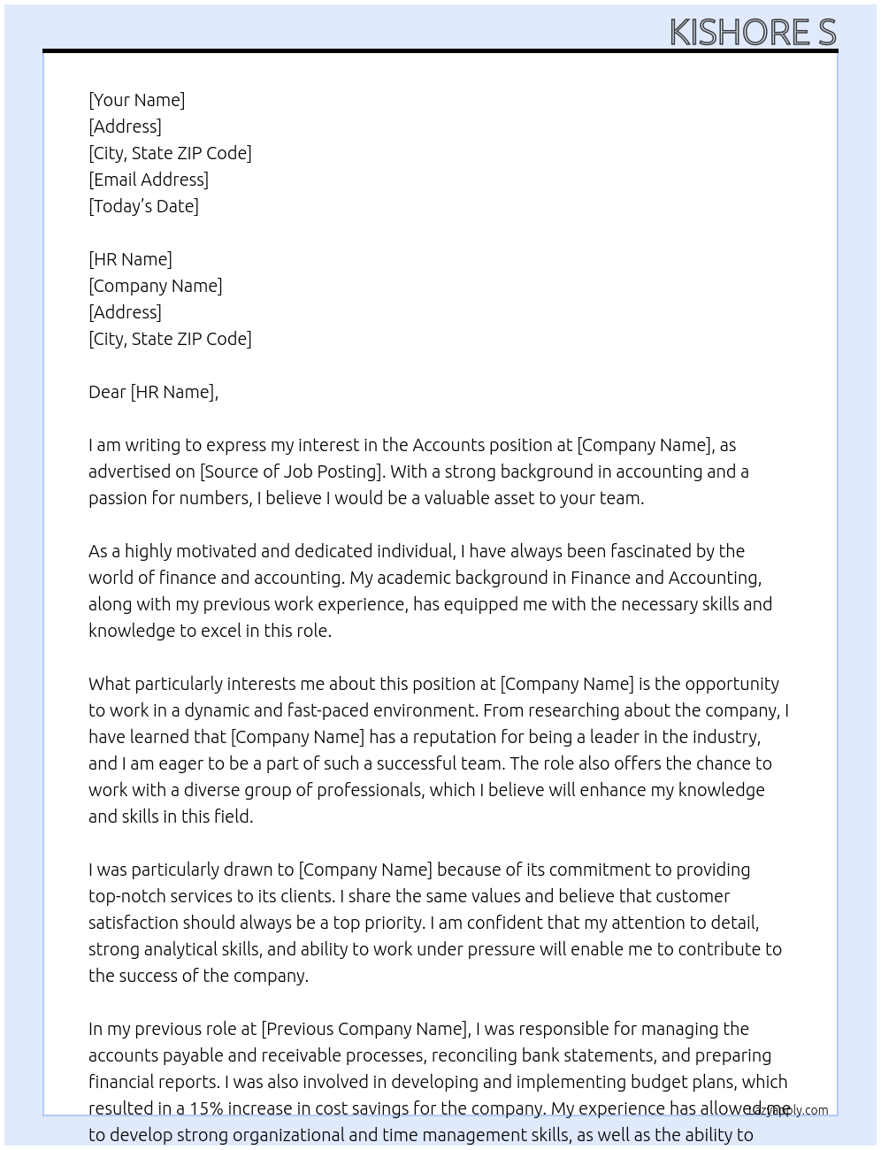 Accounts At A Cover Letter