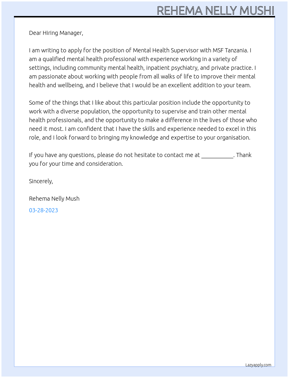 Mental health supervisor At MSF TANZANIA Cover Letter