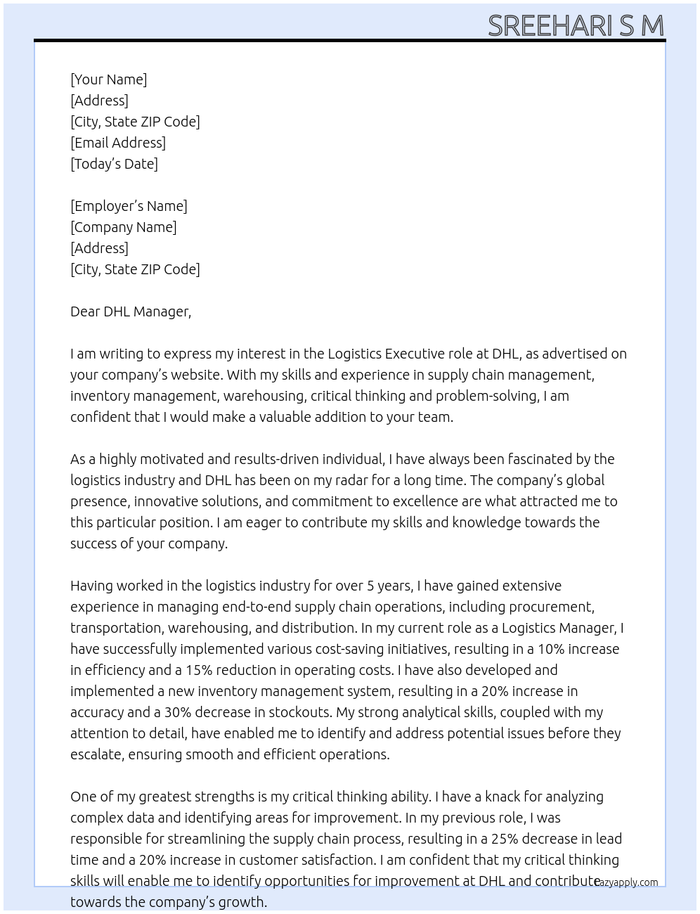 Logistics executive At DHL Cover Letter