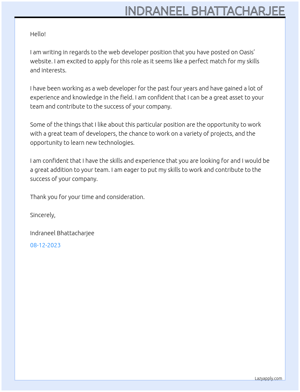 Web Devloper At Oasis Cover Letter
