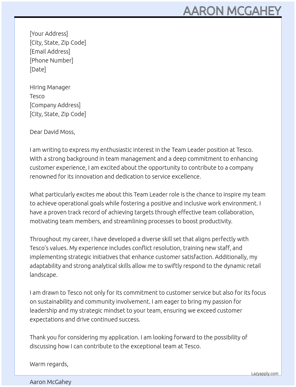 Team leader At Tesco Cover Letter