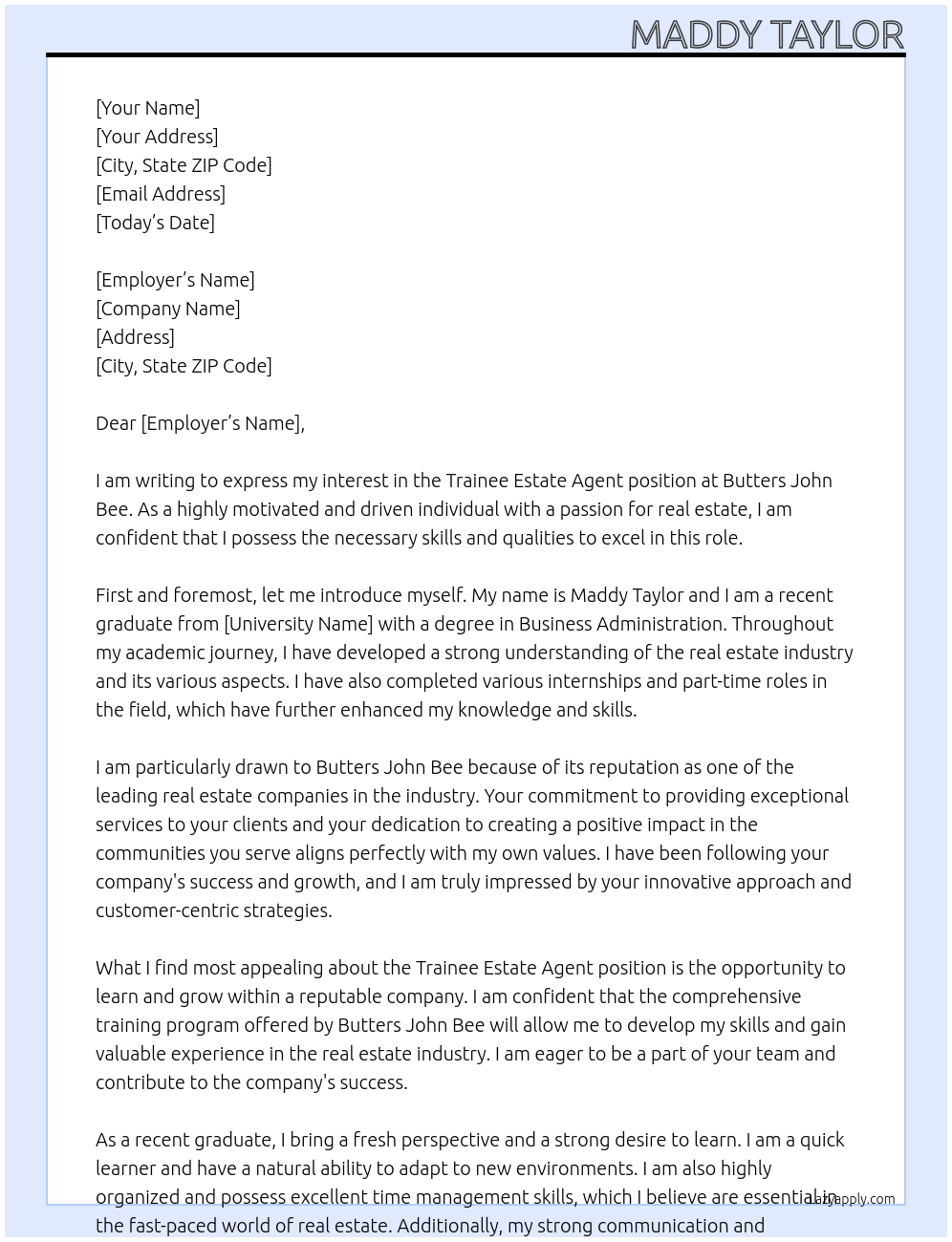trainee estate agent At butters john bee Cover Letter