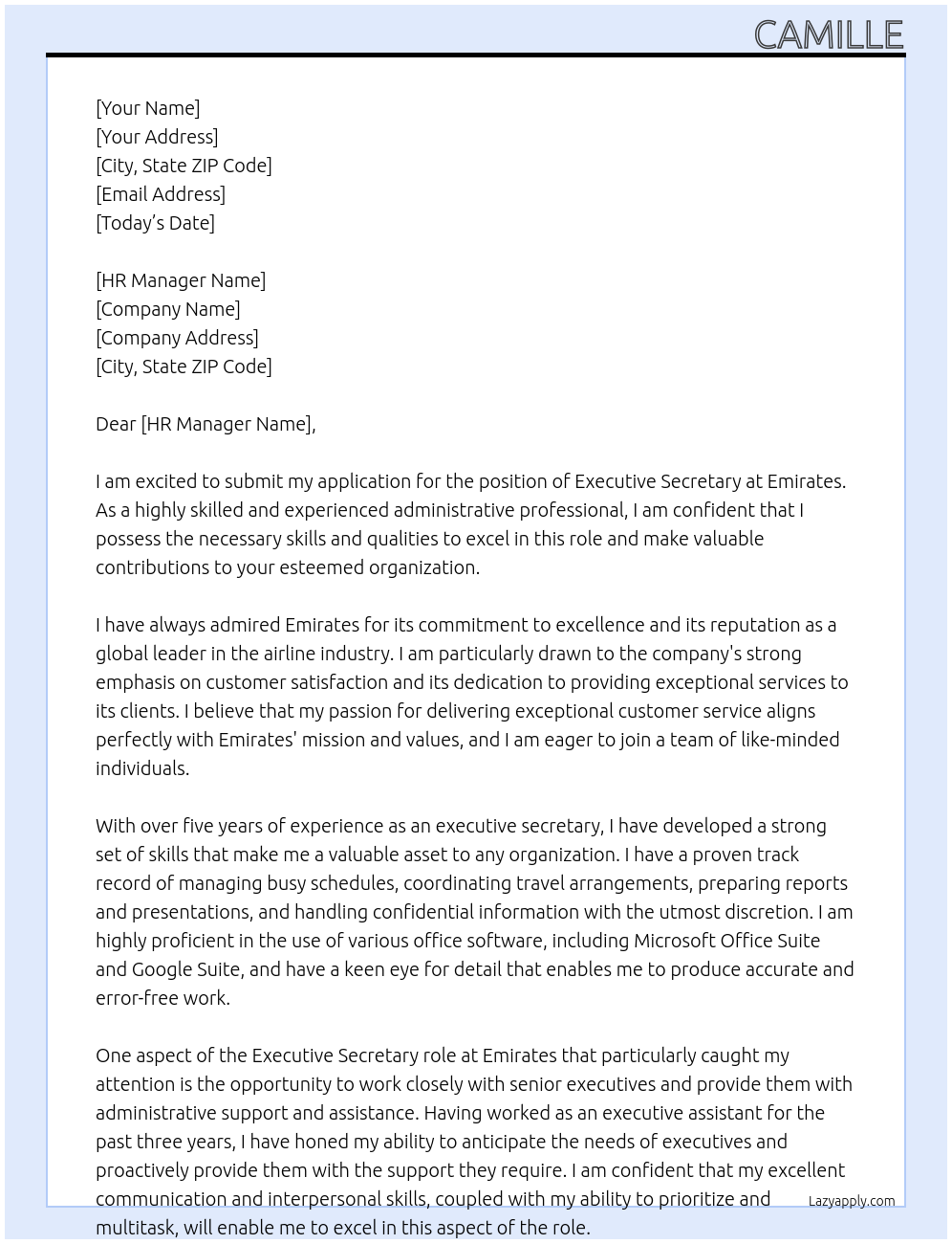 executive secretary At emirates Cover Letter