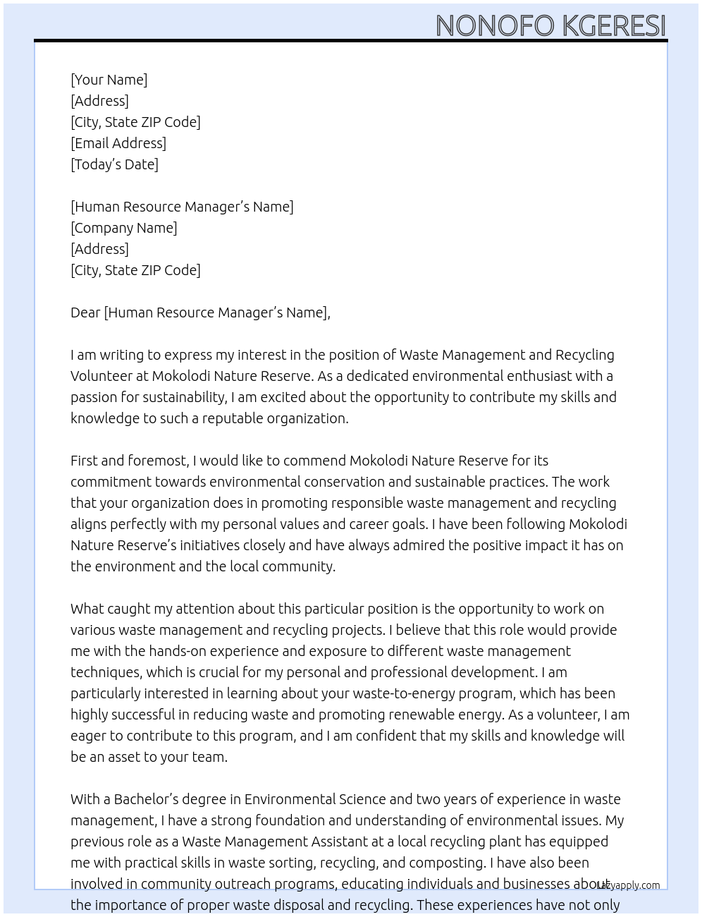 Cover letter for waste management and recycling volunteer - LazyApply