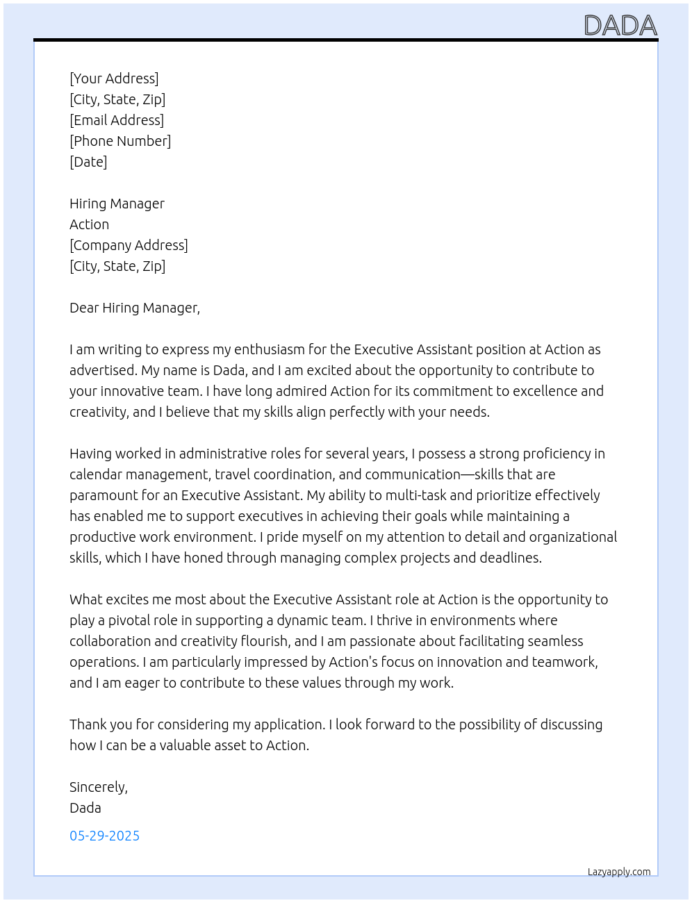 executive Assistant At Action Cover Letter