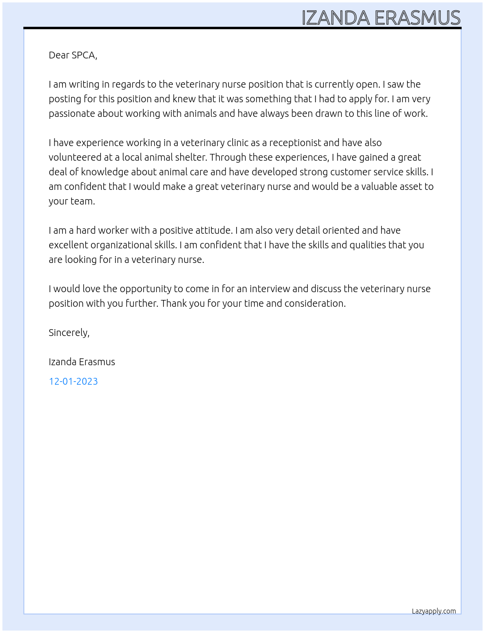 veterinary nurse At SPCA Cover Letter