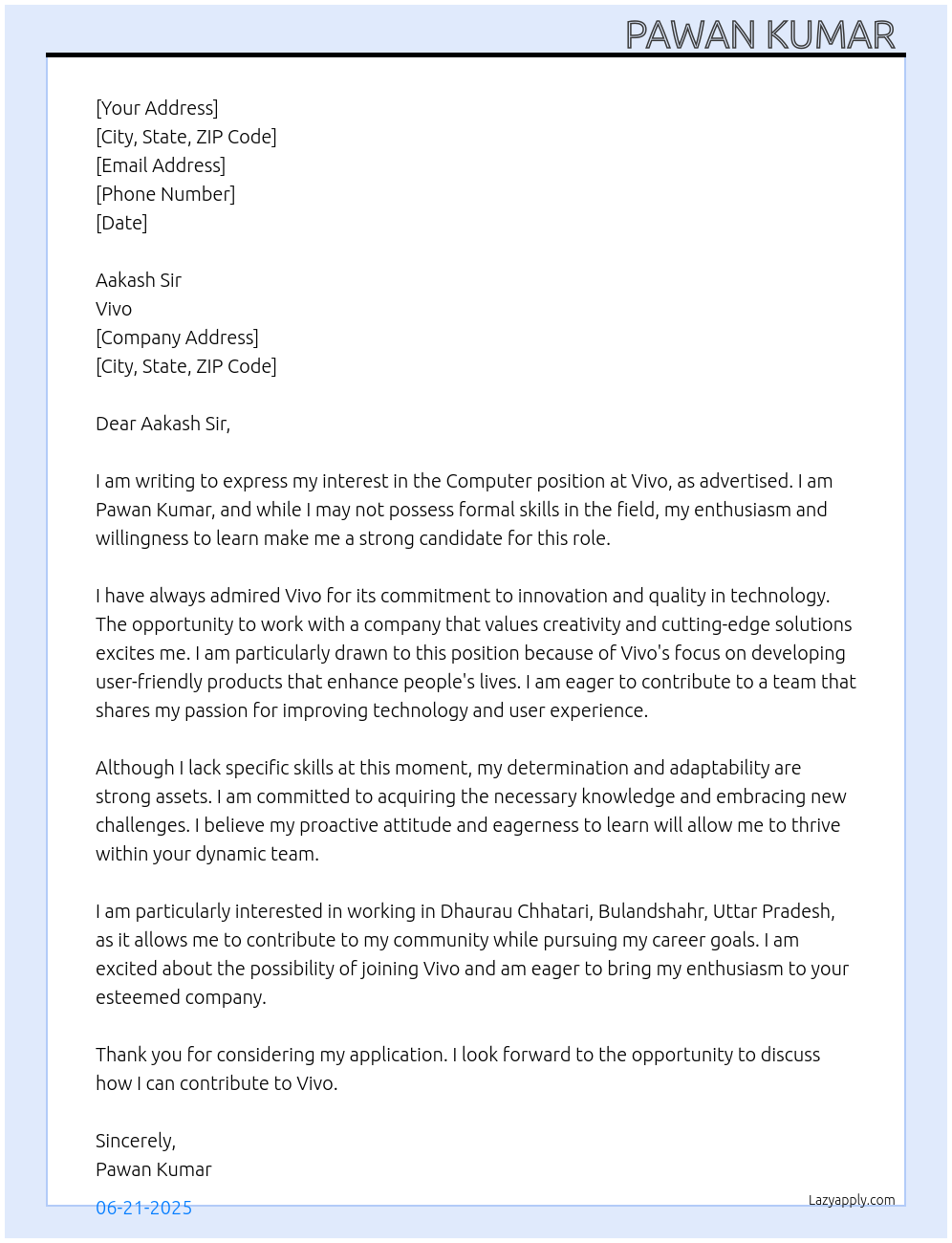 Computer  At Vivo  Cover Letter