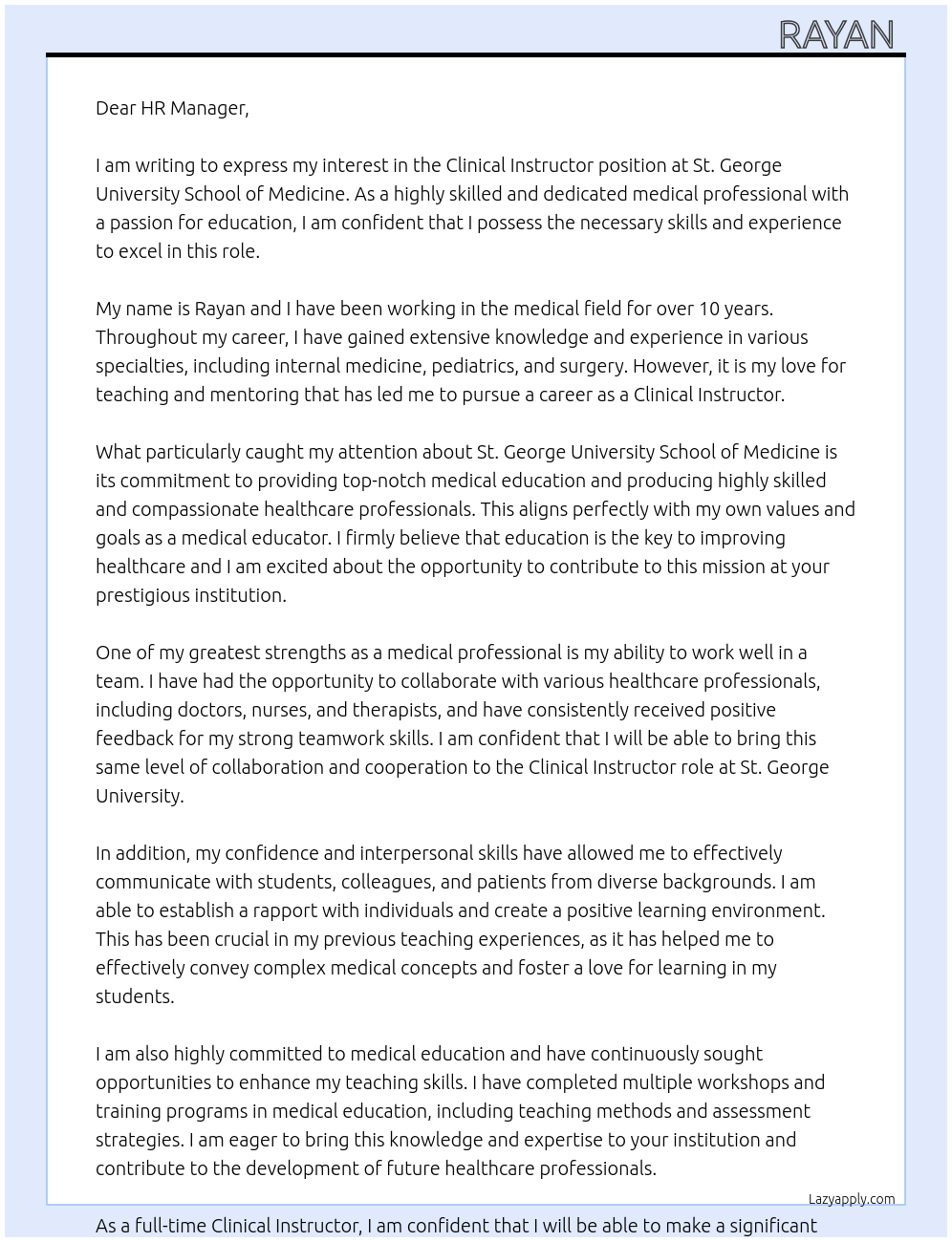 Clinical instructor  At St George University school of medcine  Cover Letter