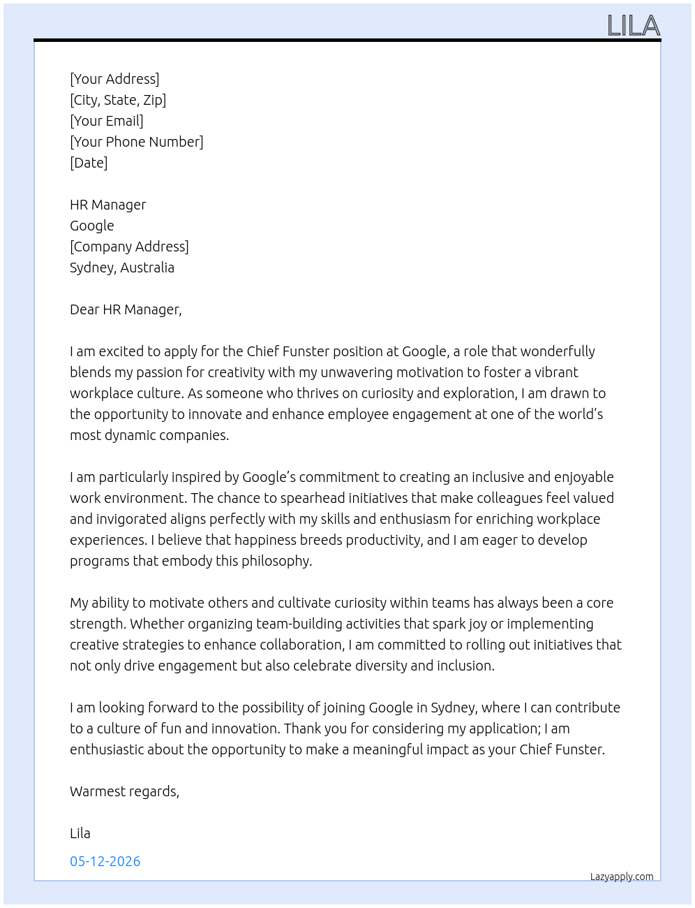 Chief Funster  At Google Cover Letter