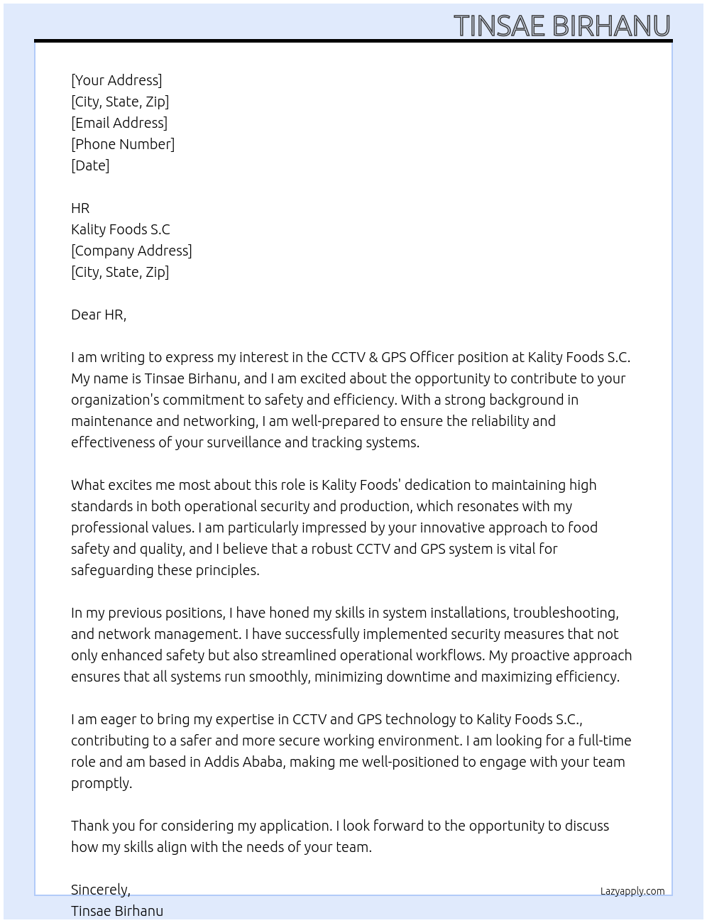 Cover letter for kality foods s.c - LazyApply