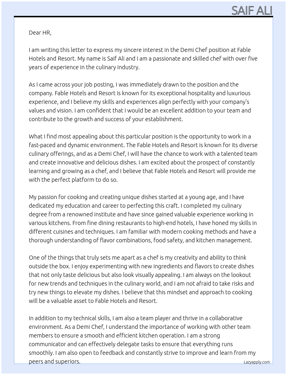Demi chef  At Fable hotels and resort Cover Letter
