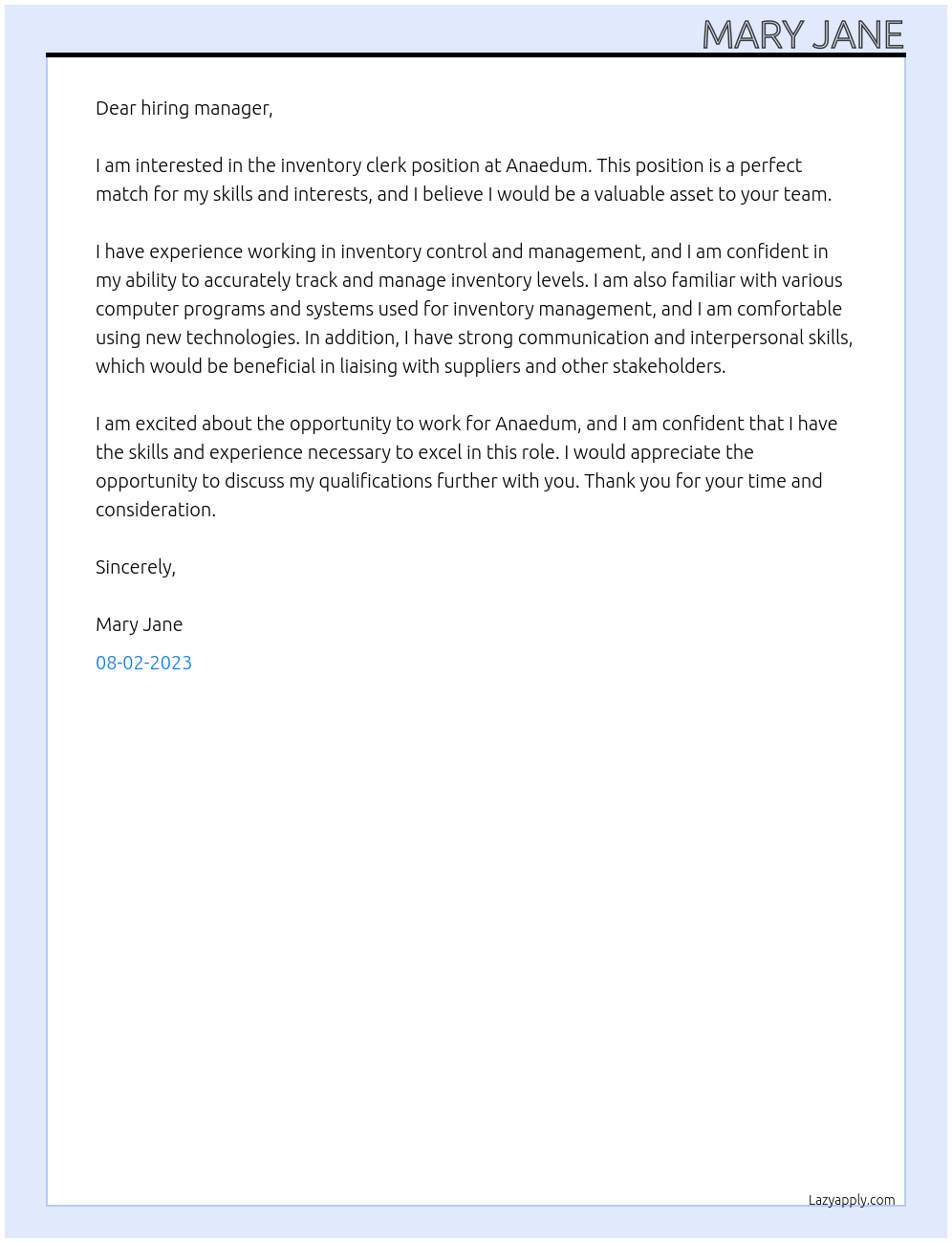 inventory clerk At anaedum Cover Letter