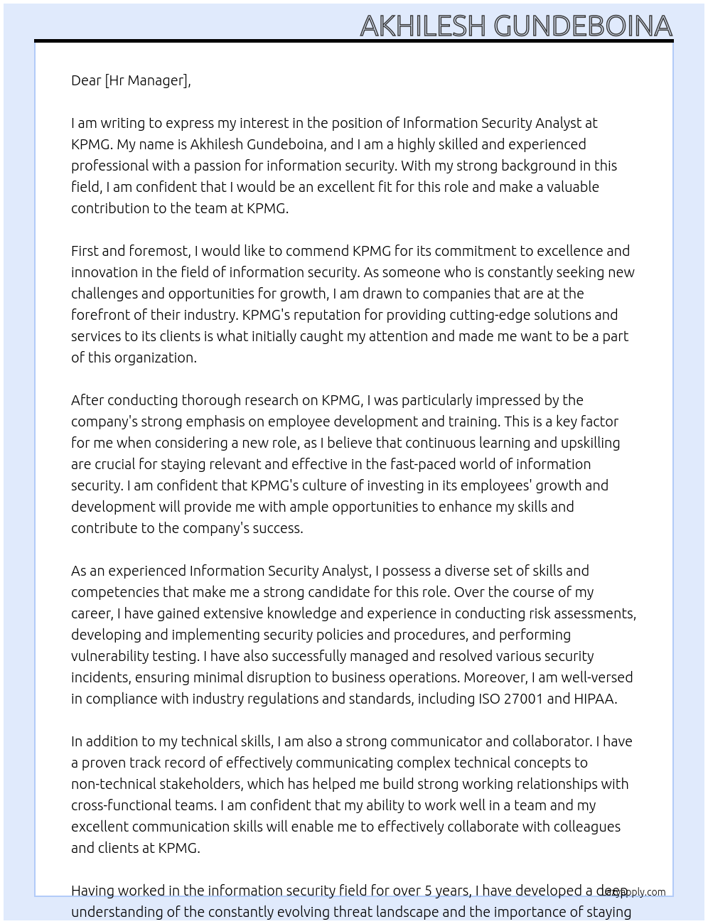 Information security analyst At KPMG Cover Letter