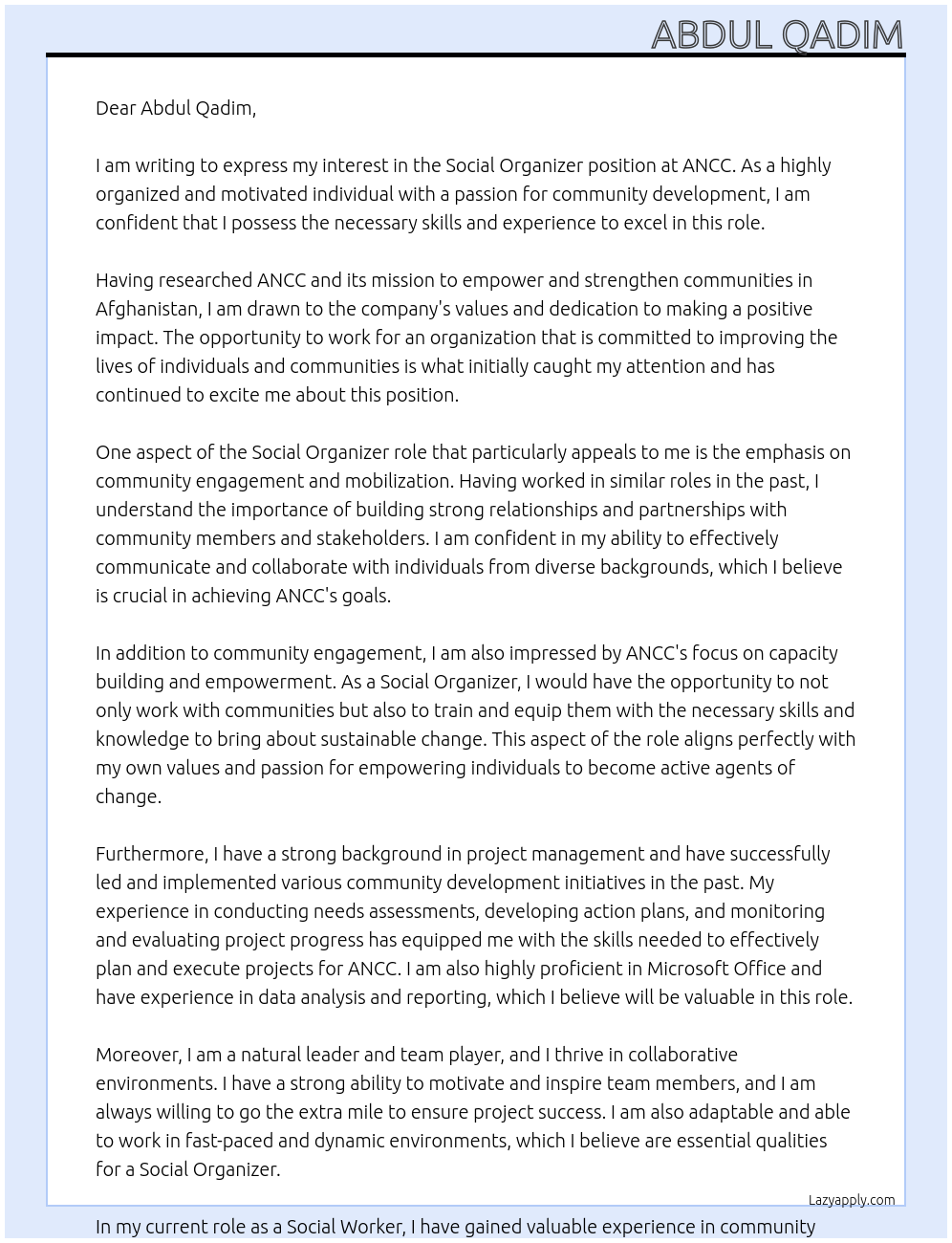 Social organizer  At ANCC Cover Letter